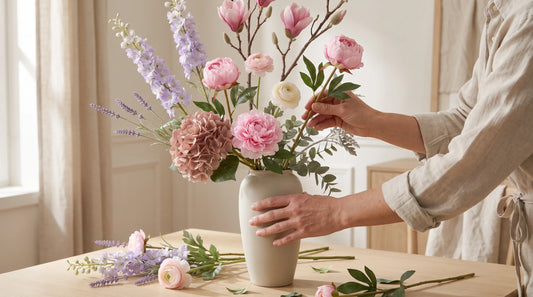 mains composant un arrangement de fleurs artificielles dans un vase en céramique