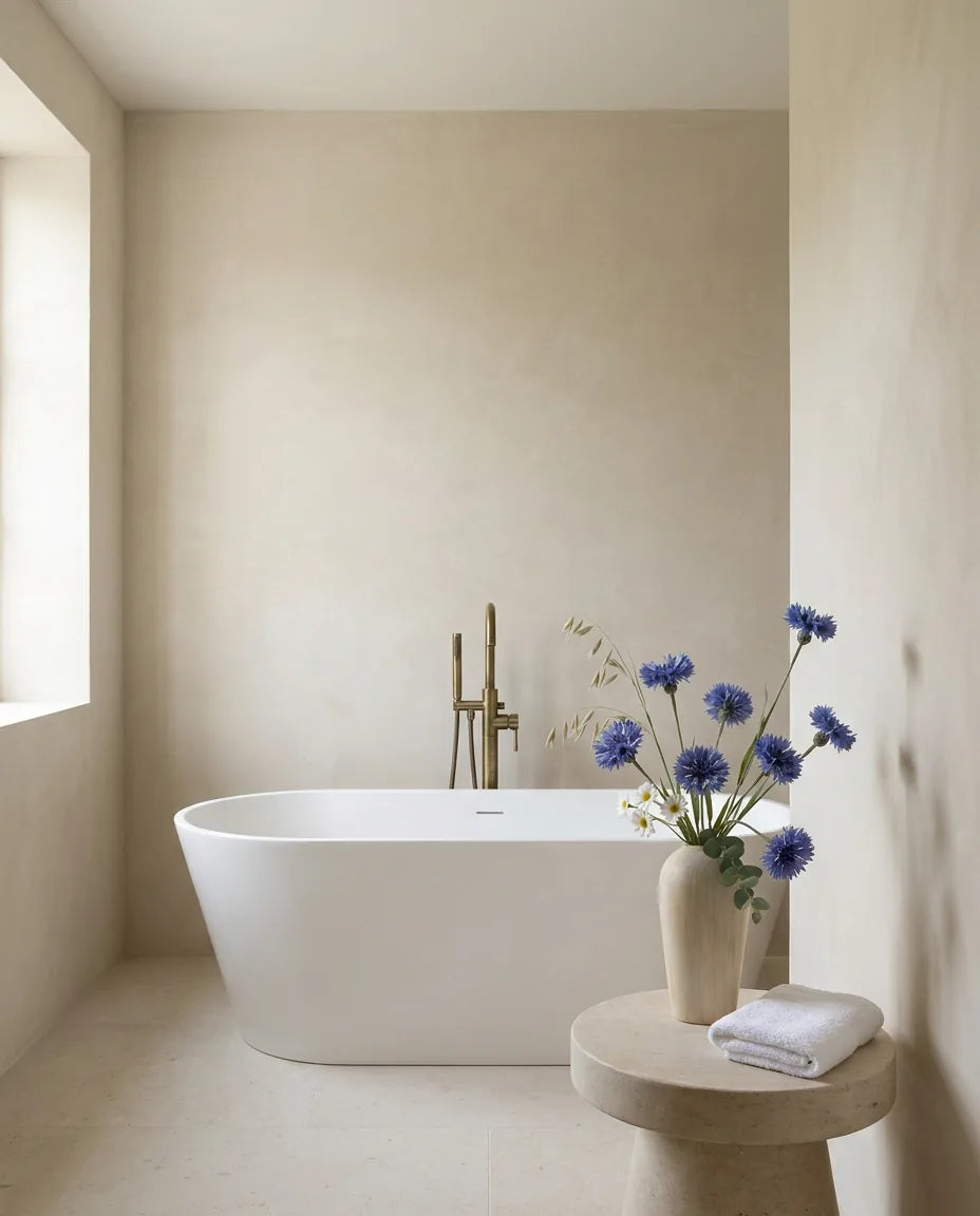 Fleurs artificielles bleues — Petit Bouquet des Prés — dans une salle de bain