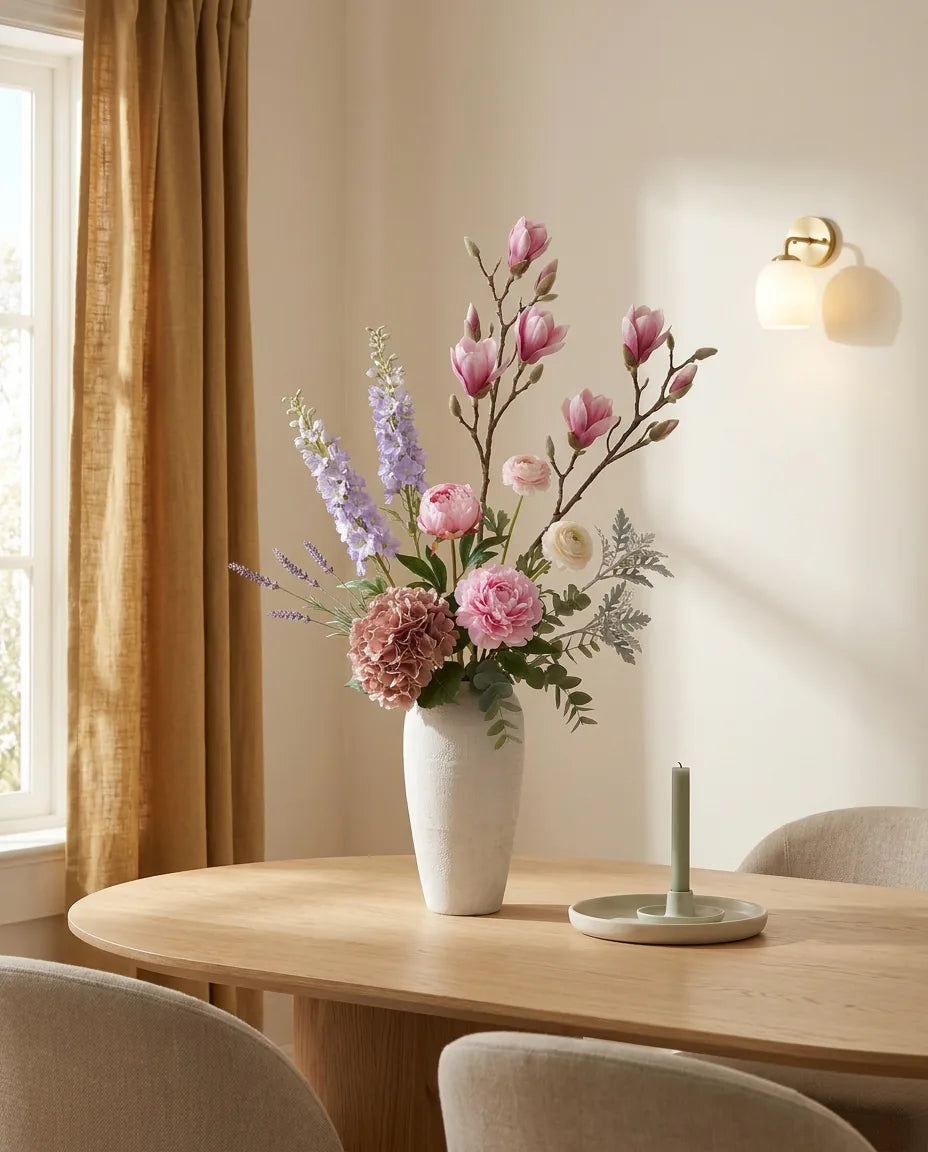 Fleurs artificielles roses — Jardin Pastel XL — sur une table de salle à manger