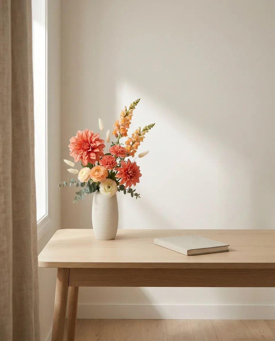 Fleurs artificielles orange — Corail Vif — sur un bureau