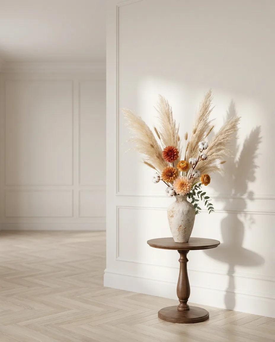 Bouquet bohème artificiel — Terre de Sienne — dans un couloir
