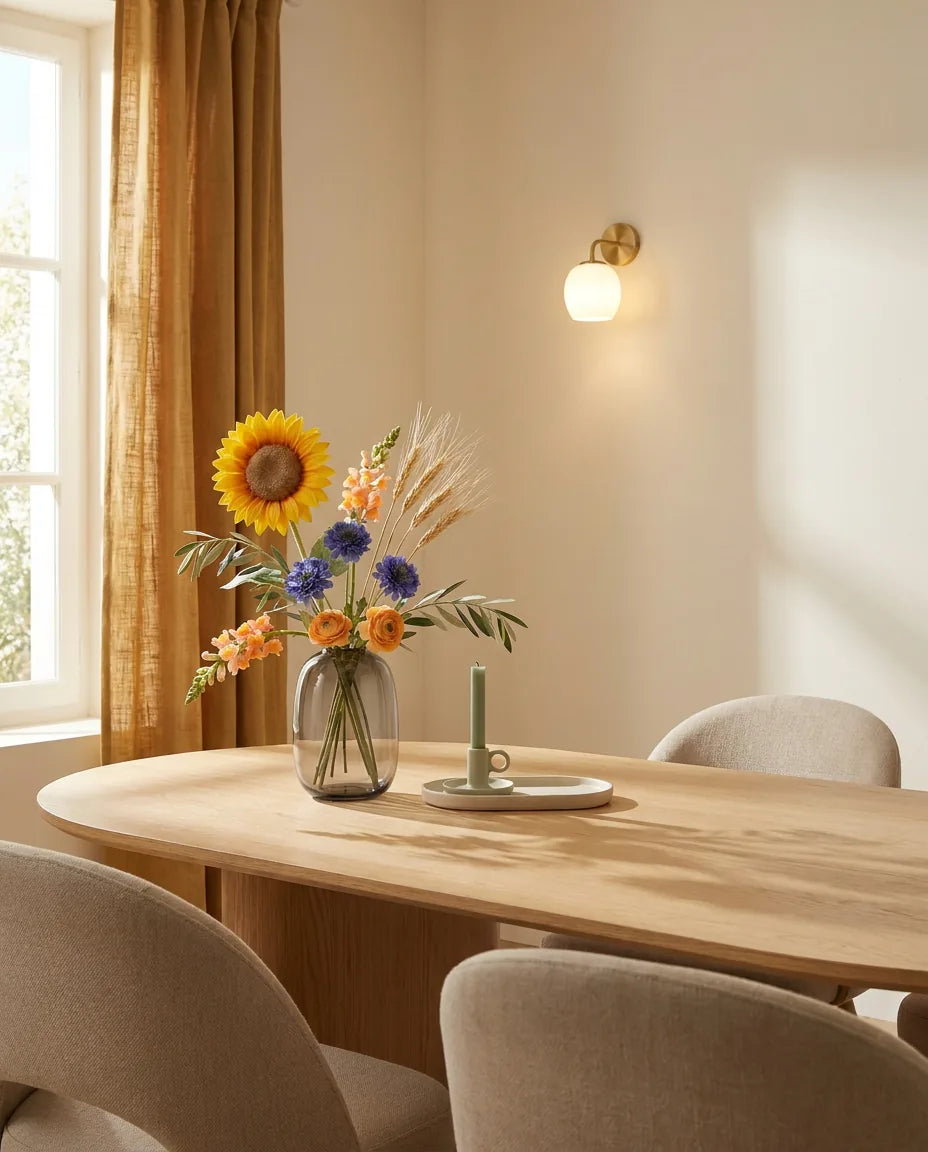 Bouquet saisonnier artificiel — Midi d'Été — sur une table de salle à manger