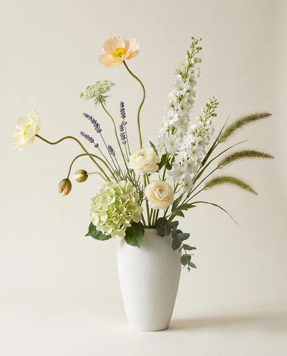 Bouquet artificiel de pavots d'Islande, hortensias et lavande blanc et vert en gros plan