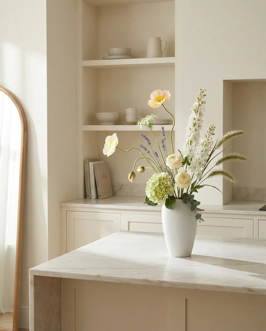 Bouquet artificiel blanc et vert sur un îlot en marbre clair dans une cuisine crème