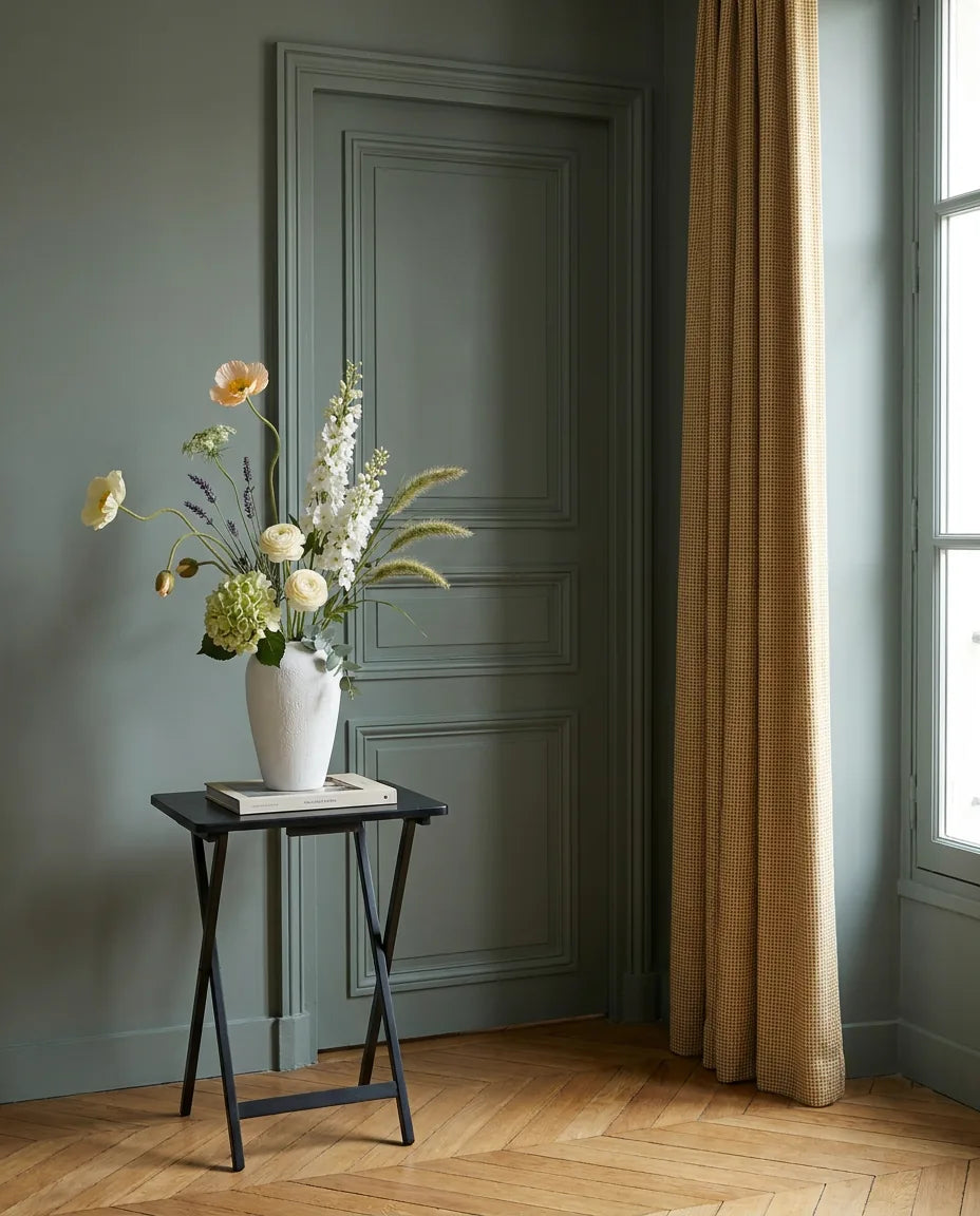 Bouquet artificiel blanc et vert dans une entrée à la porte vert sauge, sur une table d'appoint noire