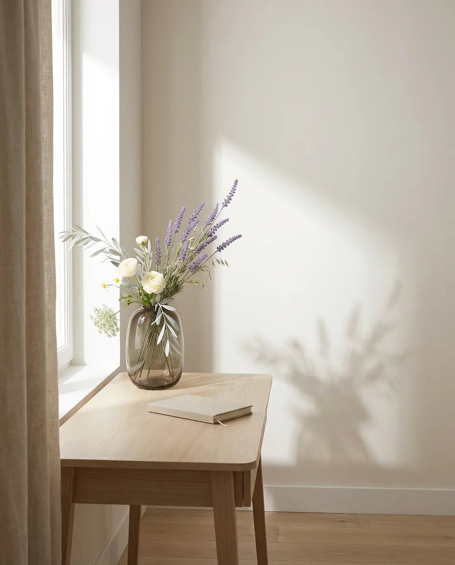 Bouquet artificiel violet et blanc sur un bureau en chêne clair près d'un rideau en lin
