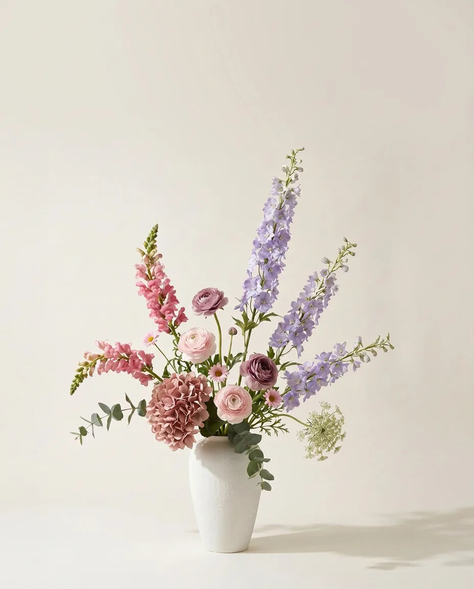 Bouquet artificiel d'hortensias, delphiniums et renoncules violet et rose dans un vase en céramique