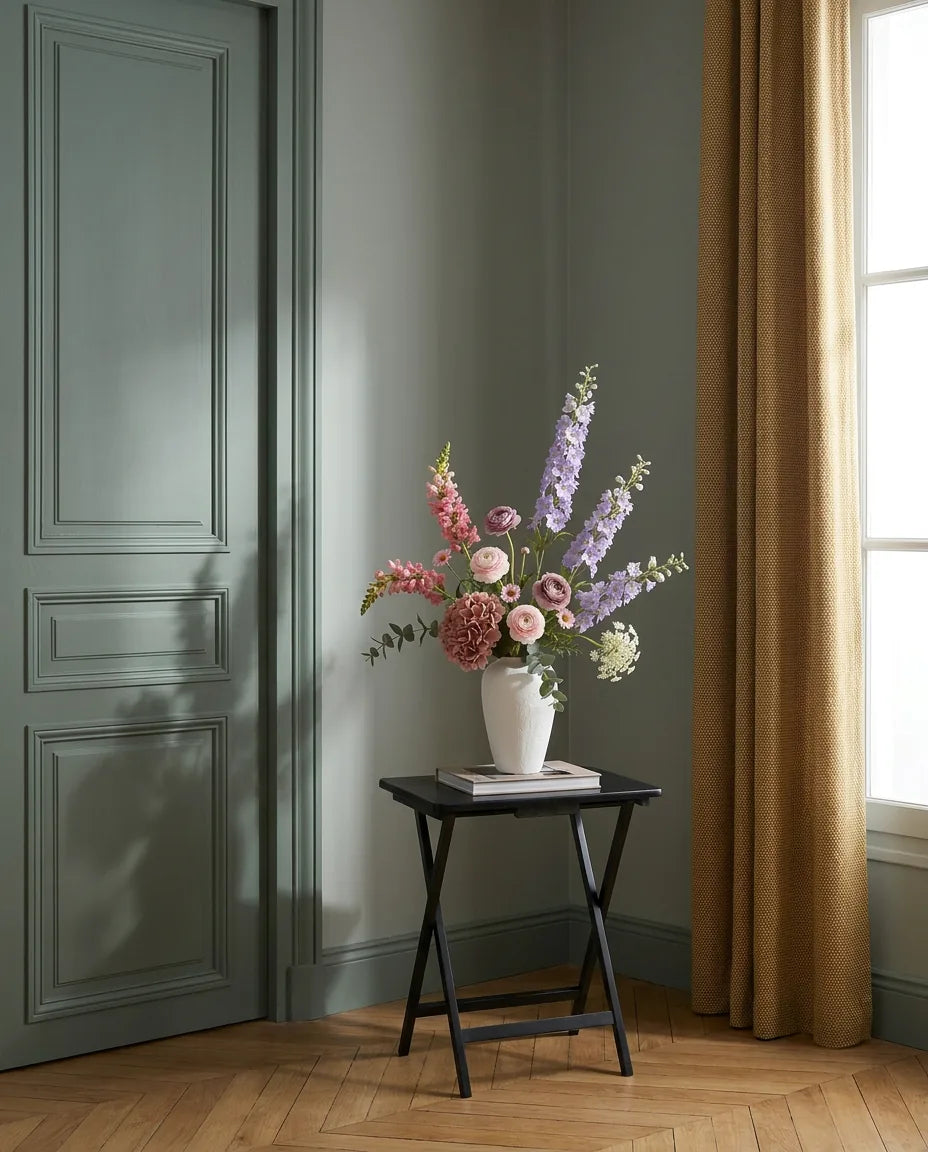 Bouquet artificiel violet et rose dans une entrée à la porte vert sauge, sur une table d'appoint noire