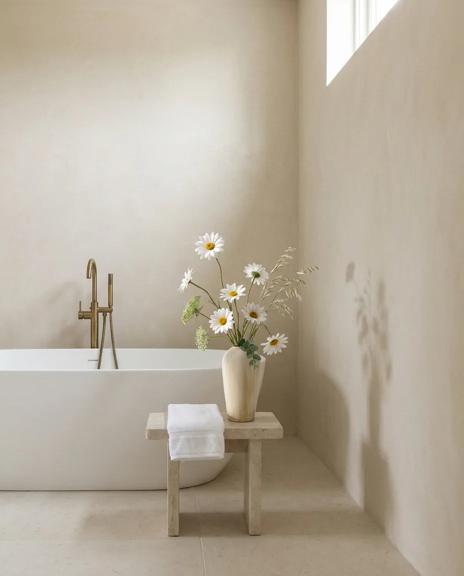 Bouquet artificiel blanc et jaune près d'une baignoire îlot, sur un tabouret en pierre, robinetterie laiton