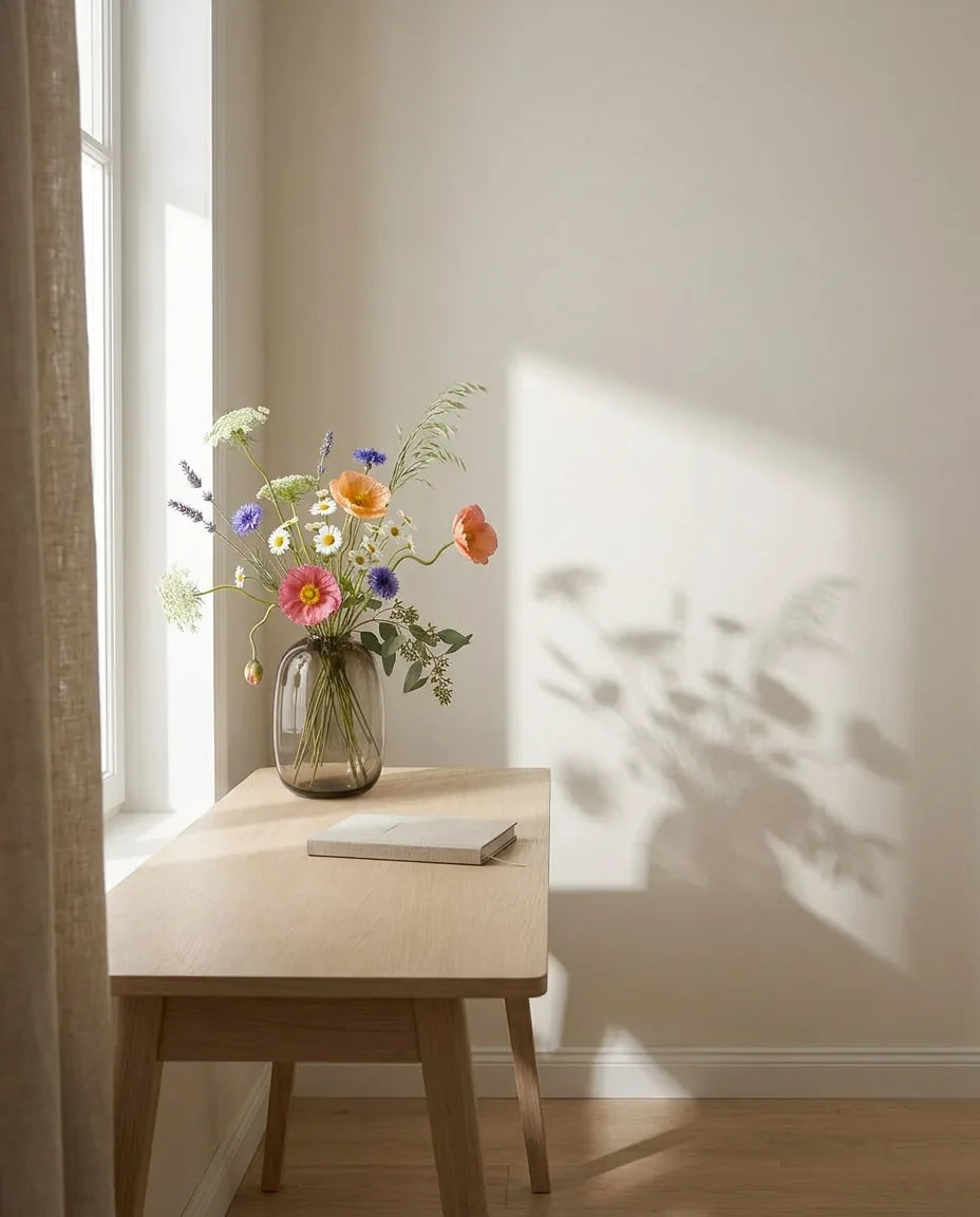 Bouquet artificiel orange et blanc sur un bureau en chêne clair près d'un rideau en lin