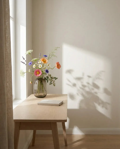 Bouquet artificiel orange et blanc sur un bureau en chêne clair près d'un rideau en lin