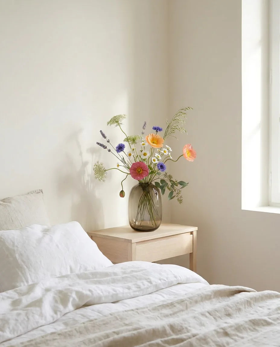 Bouquet artificiel orange et blanc sur une table de chevet en bois clair, avec un linge de lit en lin