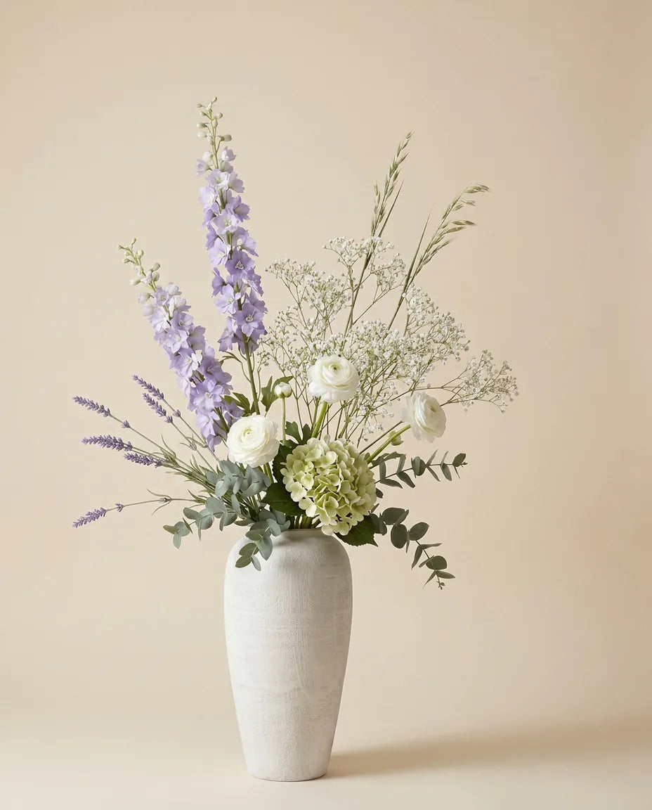 Bouquet artificiel d'hortensias, delphiniums et renoncules violet et blanc dans un vase en céramique