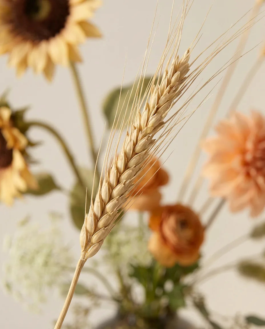 Gros plan sur les épis de blé artificiel du bouquet Prairie d'Automne