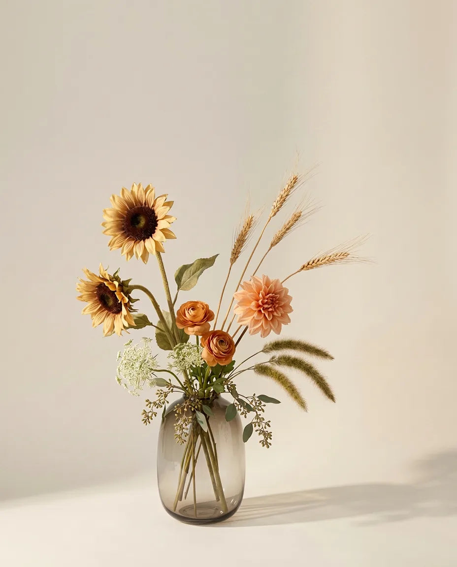 Bouquet artificiel de tournesols, dahlias et renoncules orange et beige dans un vase en verre ambré