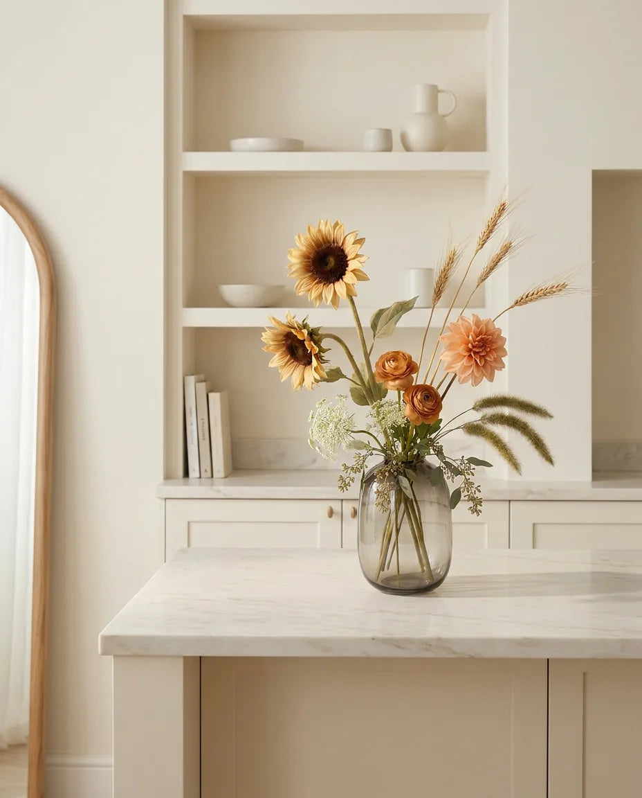 Bouquet artificiel orange et beige sur un îlot en marbre clair dans une cuisine crème