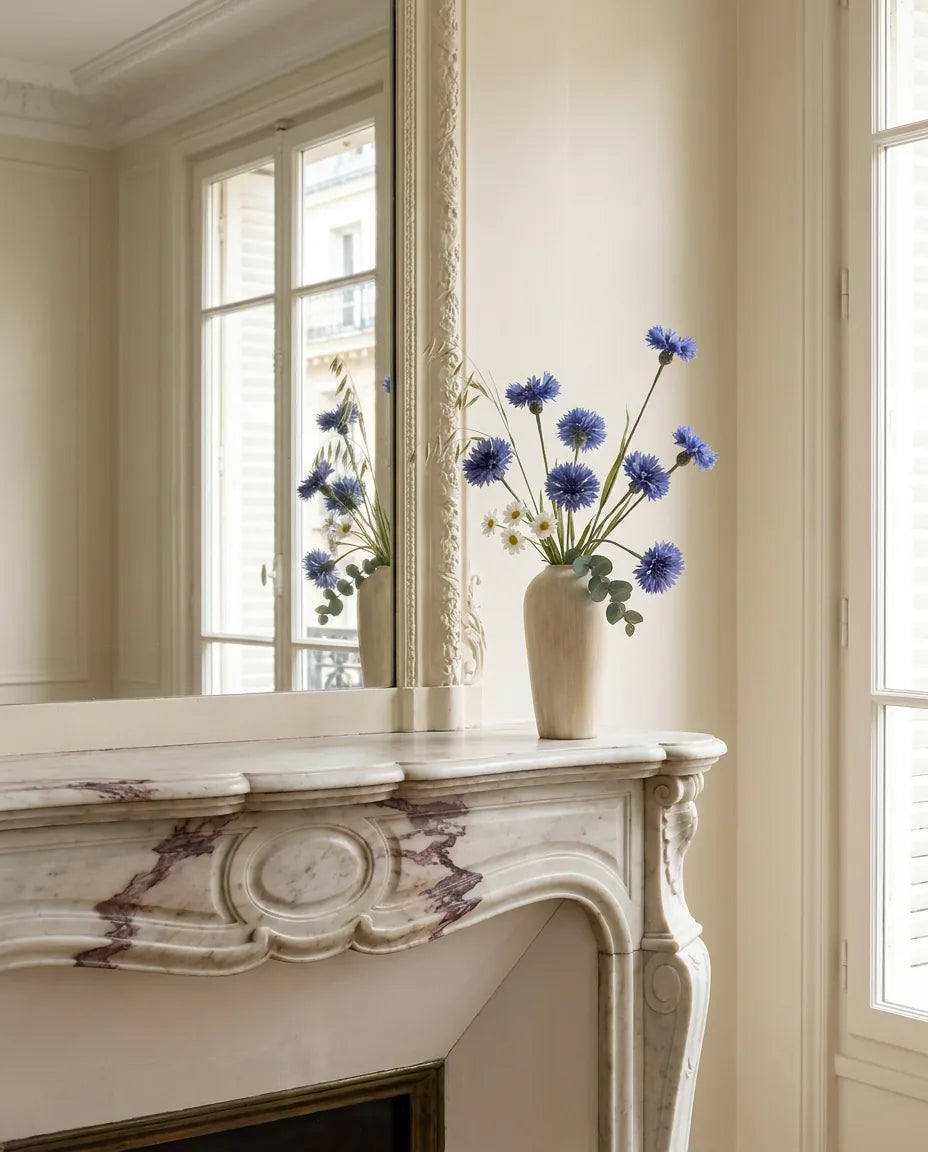 Bouquet artificiel blanc et bleu sur une cheminée en marbre devant un grand miroir, salon parisien