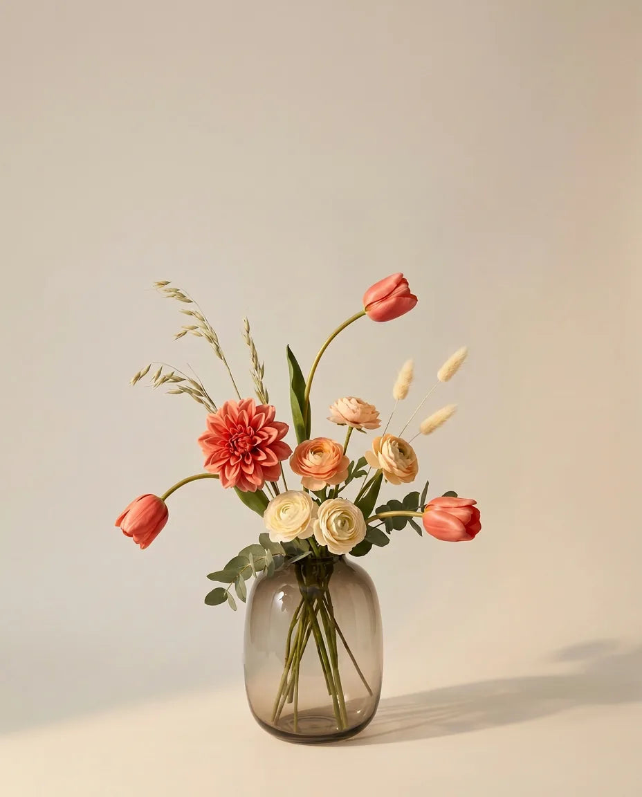 Bouquet artificiel de tulipes, dahlias et renoncules orange et rose dans un vase en verre ambré