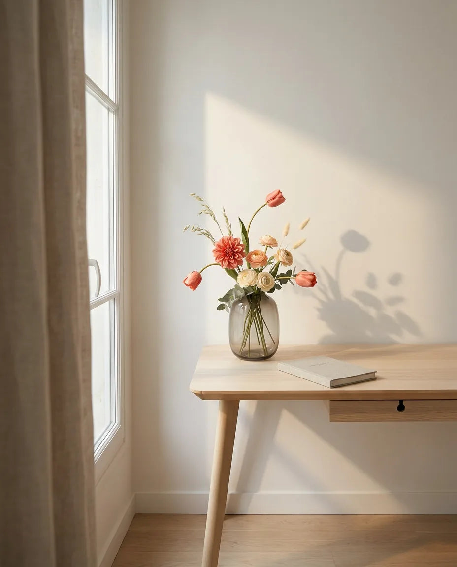 Bouquet artificiel orange et rose sur un bureau en chêne clair près d'un rideau en lin