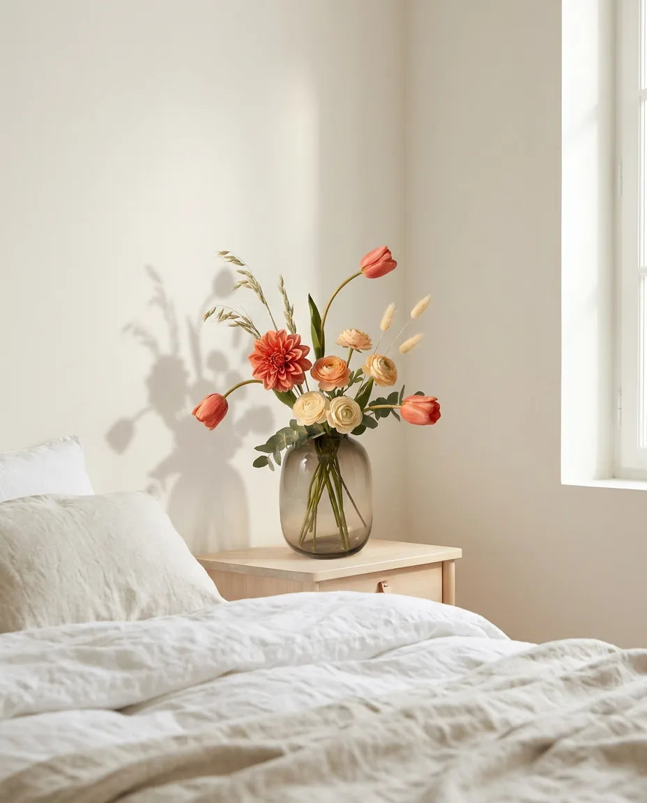 Bouquet artificiel orange et rose sur une table de chevet en bois clair, avec un linge de lit en lin