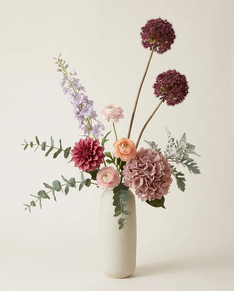 Bouquet artificiel de dahlias, hortensias et renoncules rose et violet en gros plan