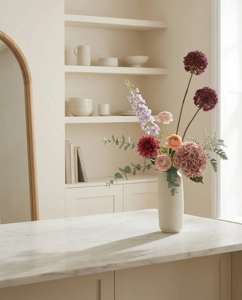 Bouquet artificiel rose et violet sur un îlot en marbre clair dans une cuisine crème