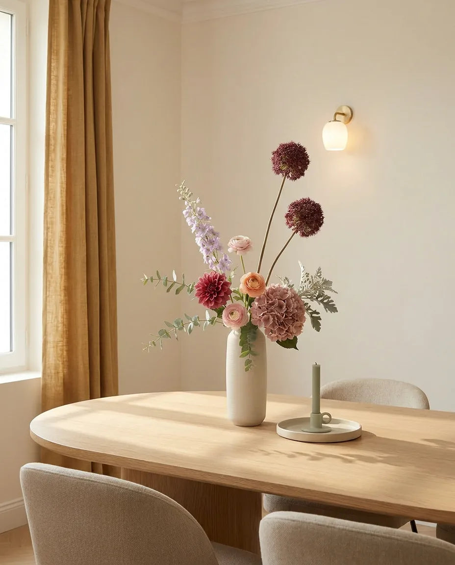 Bouquet artificiel rose et violet sur une table ovale en chêne clair dans une salle à manger, applique laiton