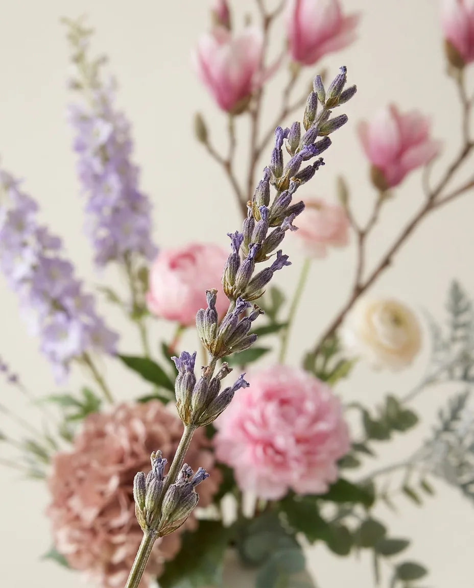 Gros plan sur les brins de lavande artificielle du bouquet Jardin Pastel XL
