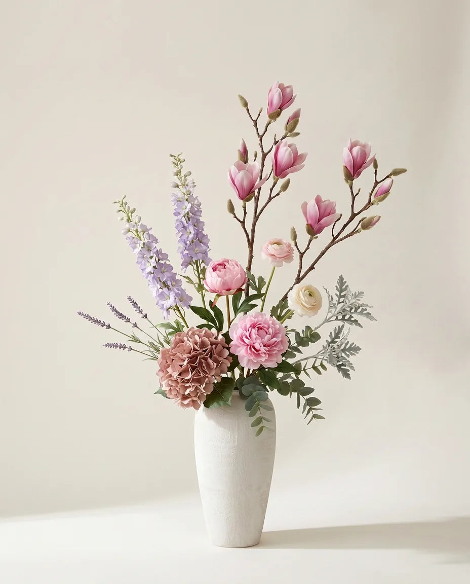 Bouquet artificiel de magnolias, pivoines et hortensias rose et violet dans un vase en céramique