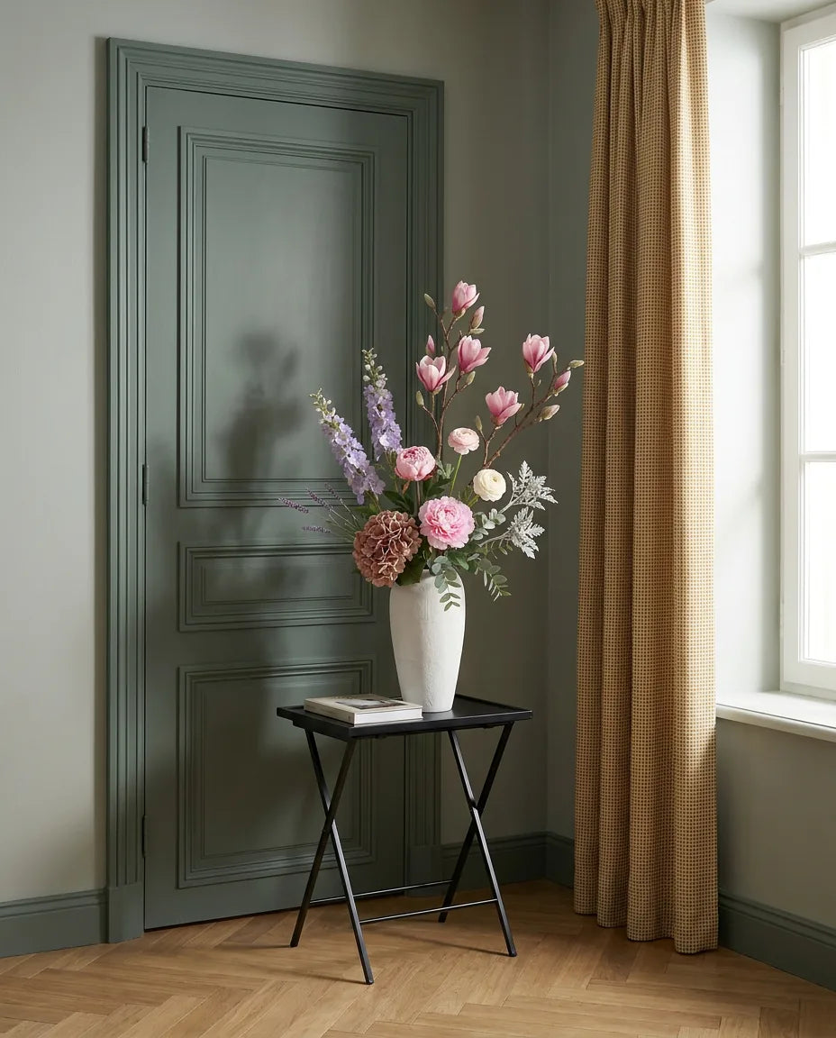 Bouquet artificiel rose et violet dans une entrée à la porte vert sauge, sur une table d'appoint noire