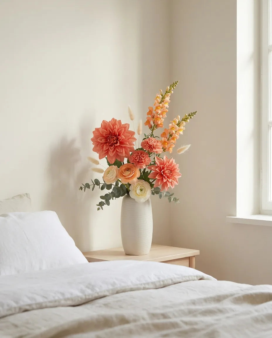 Bouquet artificiel orange et rose sur une table de chevet en bois clair, avec un linge de lit en lin