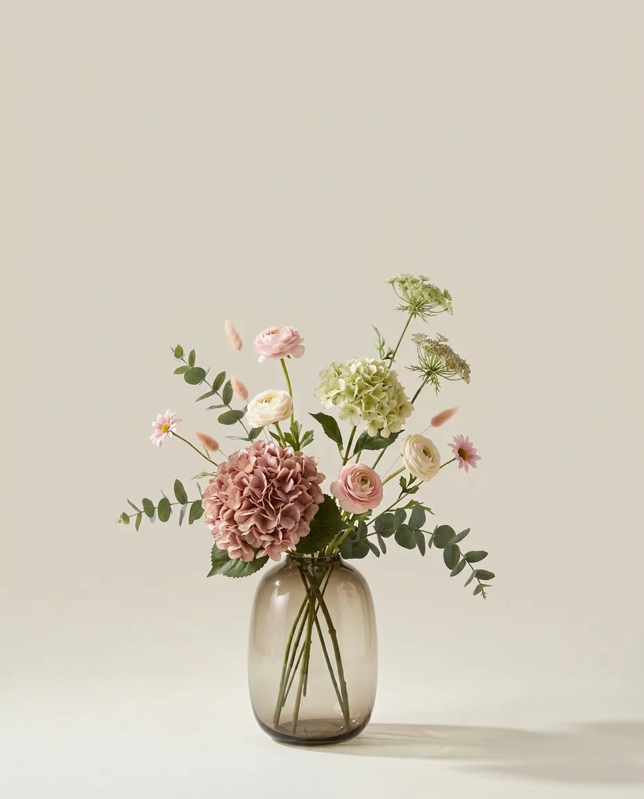 Bouquet artificiel d'hortensias, renoncules et marguerites rose et vert dans un vase en verre ambré
