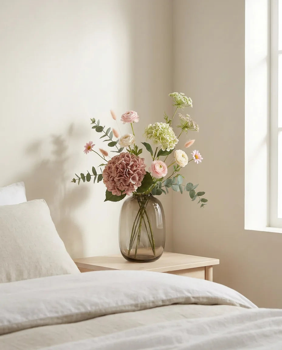 Bouquet artificiel rose et vert sur une table de chevet en bois clair, avec un linge de lit en lin