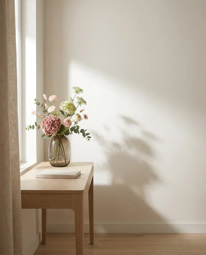 Bouquet artificiel rose et vert sur un bureau en chêne clair près d'un rideau en lin