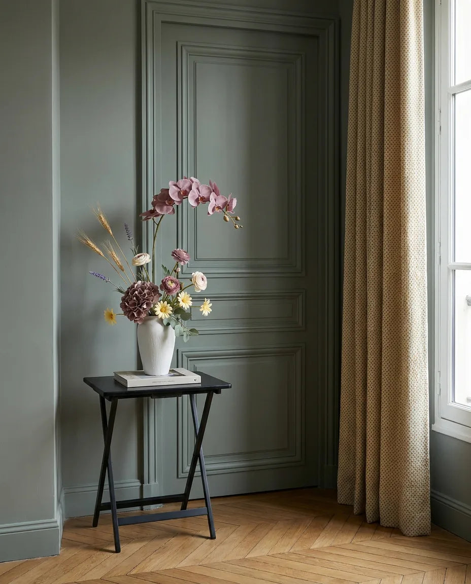 Bouquet artificiel violet et jaune dans une entrée à la porte vert sauge, sur une table d'appoint noire