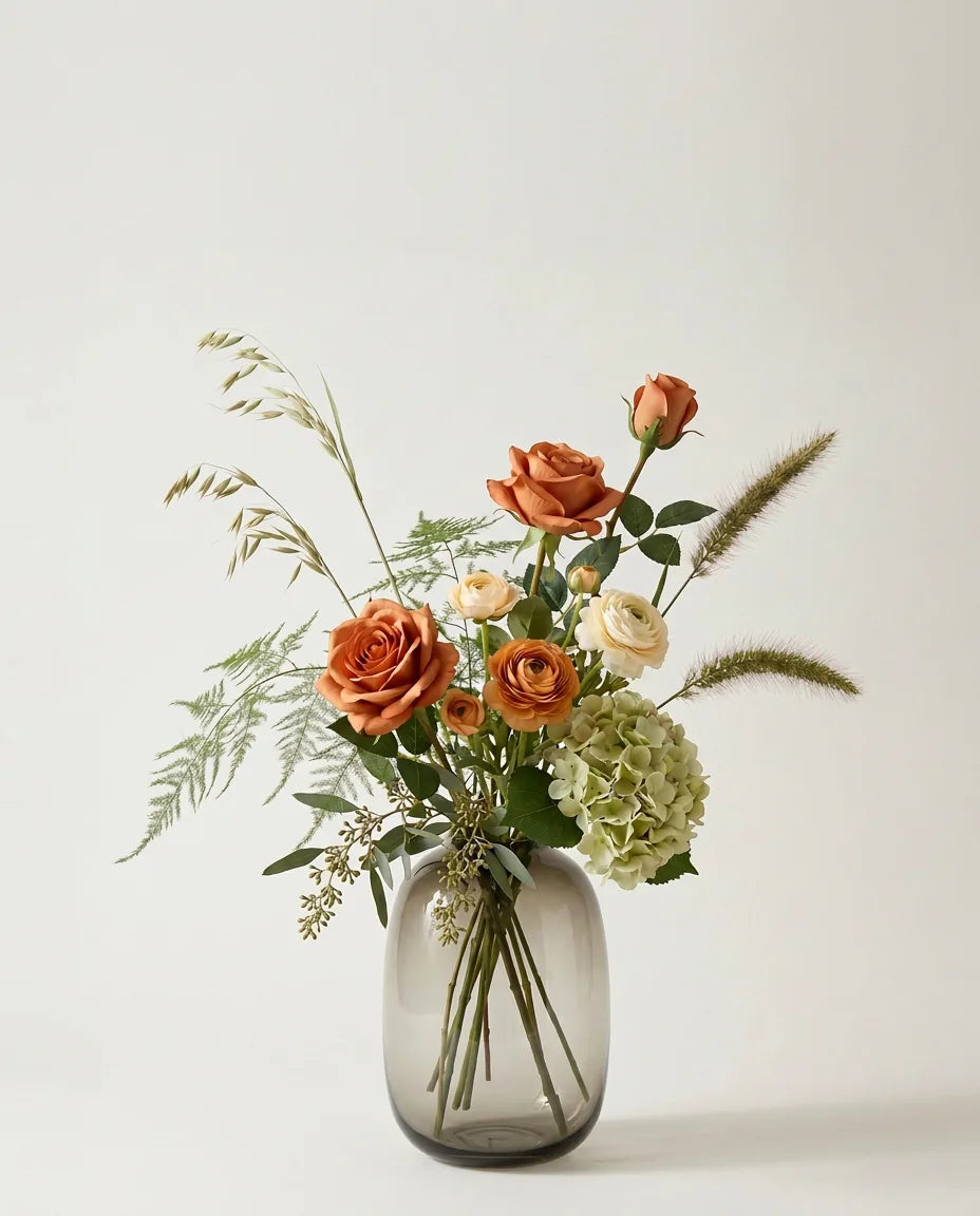 Bouquet artificiel de roses, hortensias et renoncules orange et vert dans un vase en verre ambré