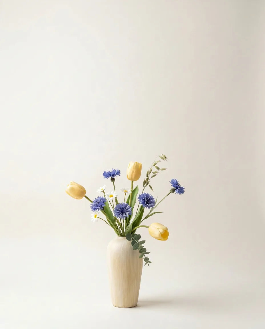 Bouquet artificiel de tulipes et marguerites jaune et bleu dans un vase en céramique