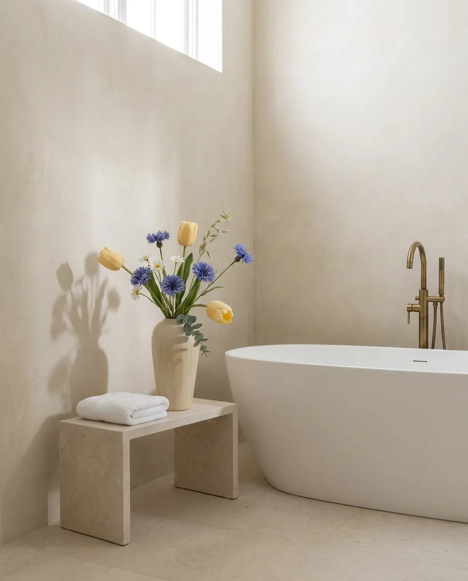Bouquet artificiel jaune et bleu près d'une baignoire îlot, sur un tabouret en pierre, robinetterie laiton