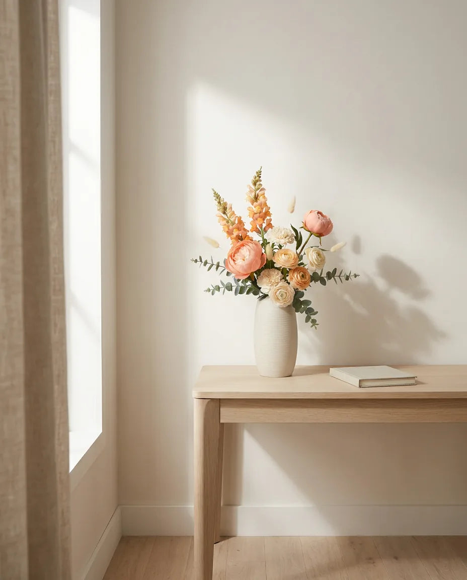 Bouquet artificiel orange et blanc sur un bureau en chêne clair près d'un rideau en lin