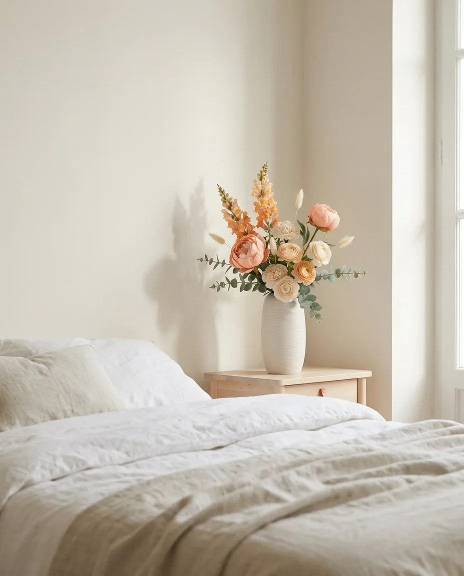 Bouquet artificiel orange et blanc sur une table de chevet en bois clair, avec un linge de lit en lin