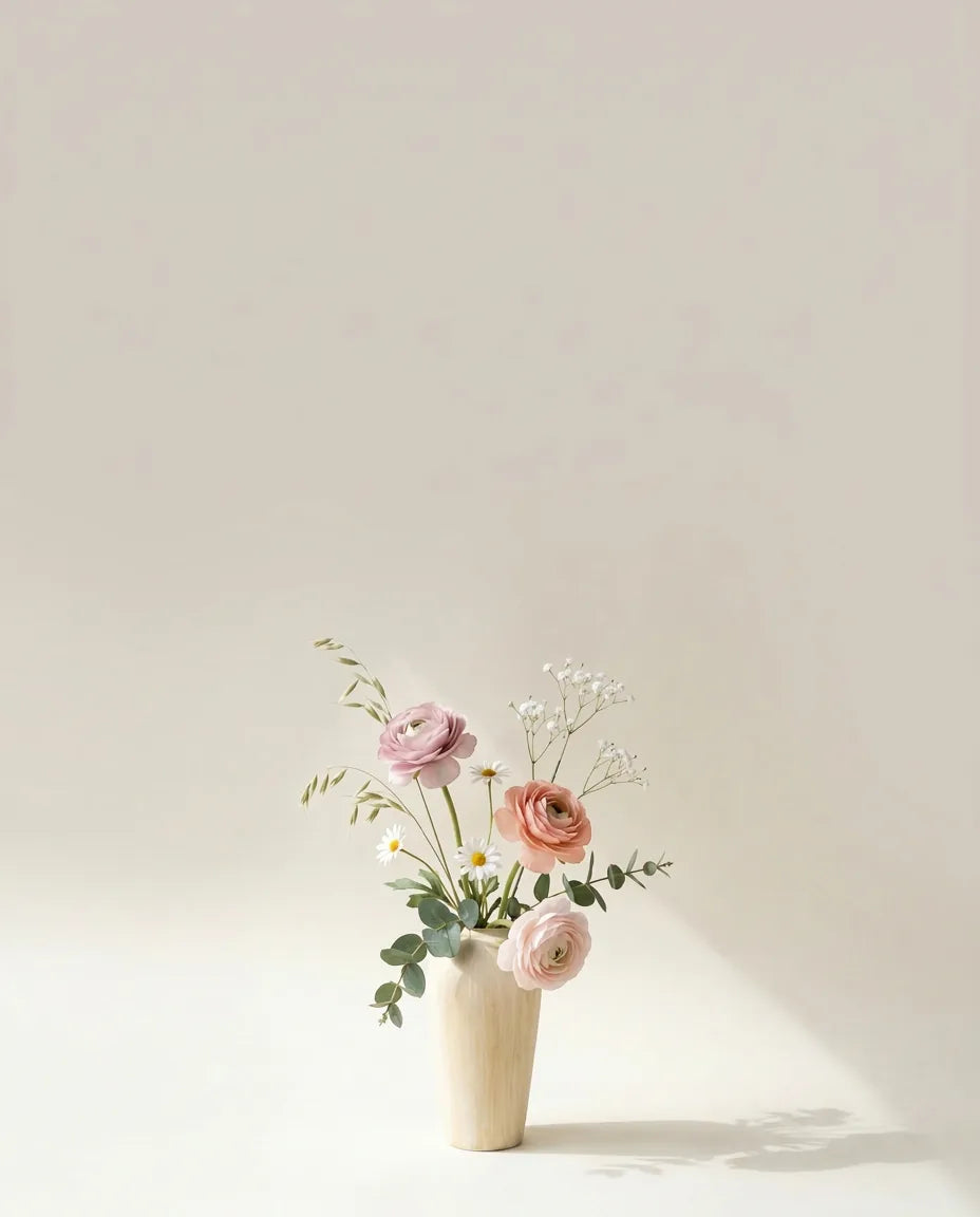 Bouquet artificiel de renoncules, marguerites et gypsophile rose et blanc dans un vase en céramique