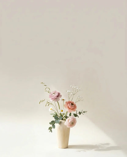 Bouquet artificiel de renoncules, marguerites et gypsophile rose et blanc dans un vase en céramique