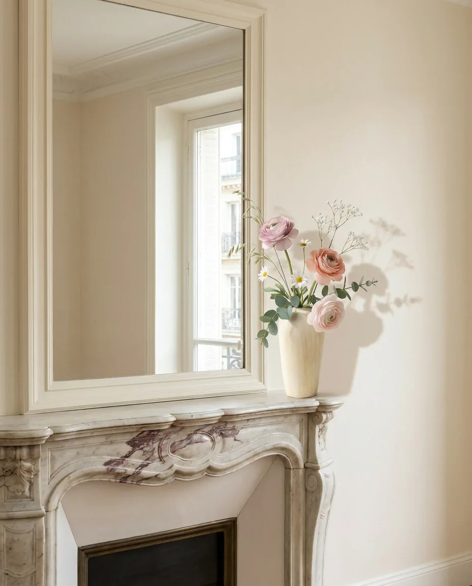 Bouquet artificiel rose et blanc sur une cheminée en marbre devant un grand miroir, salon parisien