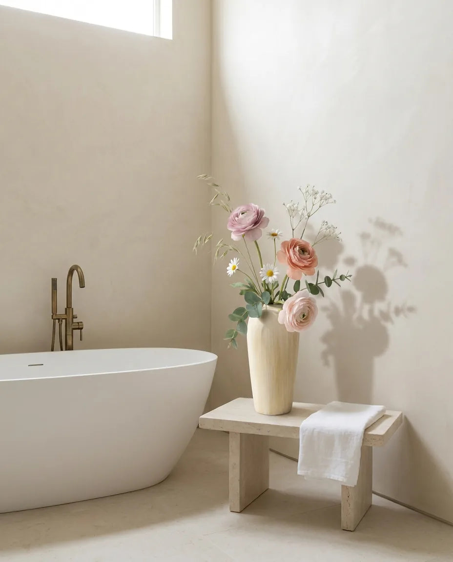 Bouquet artificiel rose et blanc près d'une baignoire îlot, sur un tabouret en pierre, robinetterie laiton