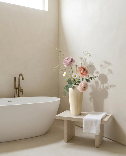 Bouquet artificiel rose et blanc près d'une baignoire îlot, sur un tabouret en pierre, robinetterie laiton