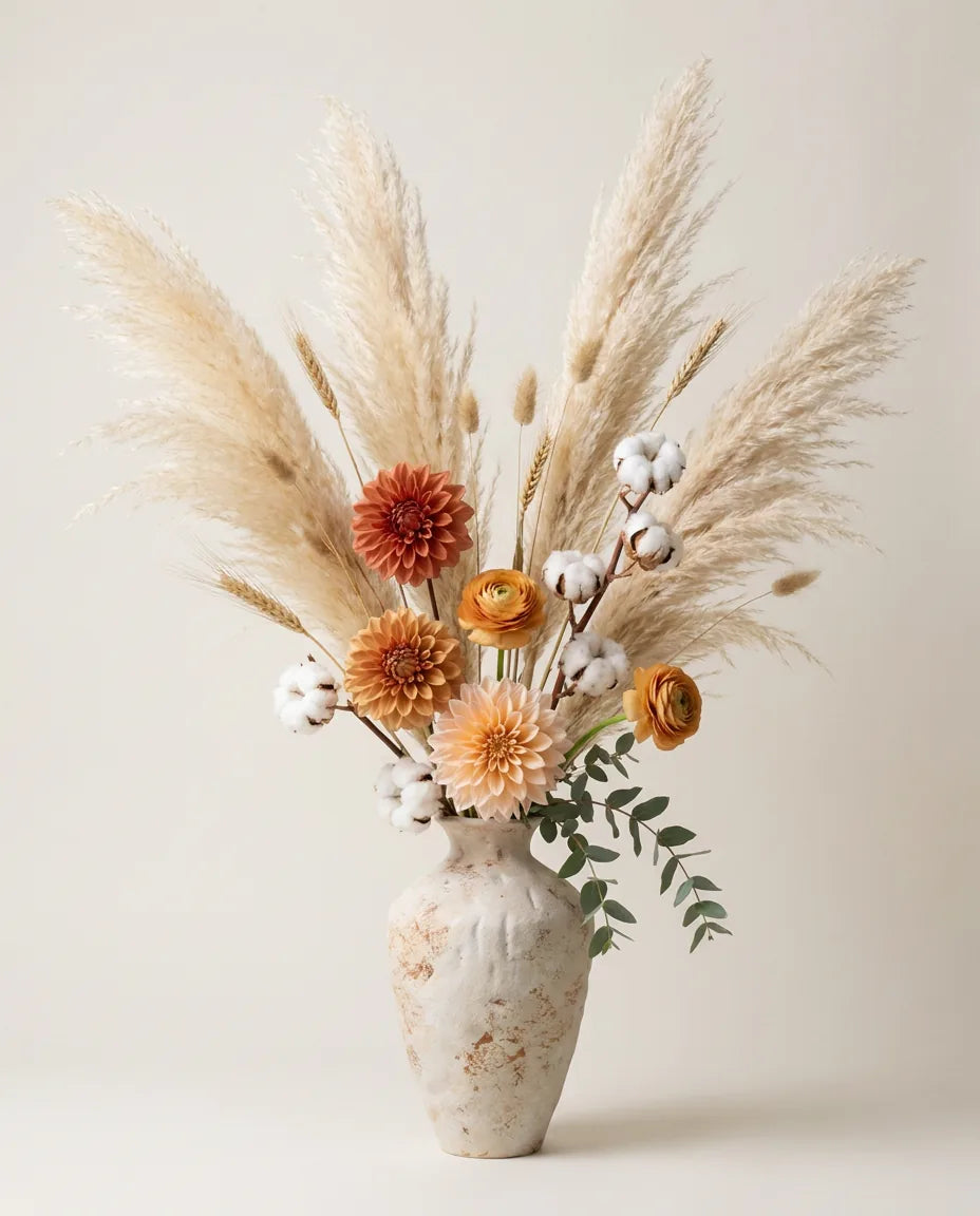 Vase terracotta patiné avec bouquet bohème beige et orange artificiel