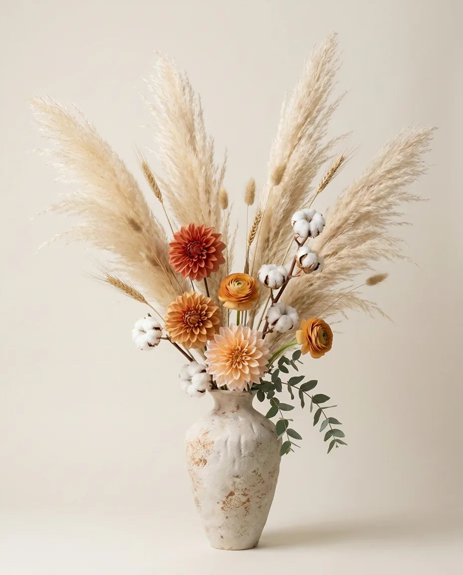 Bouquet artificiel de dahlias, coton et herbe de la pampa beige et orange dans un vase en céramique