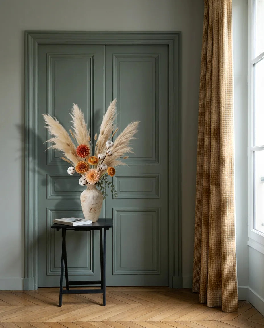Bouquet artificiel beige et orange dans une entrée à la porte vert sauge, sur une table d'appoint noire