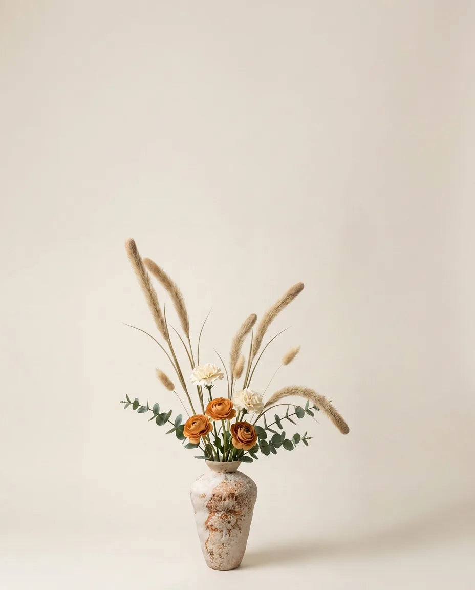 Bouquet artificiel de renoncules, œillets et pennisetum beige dans un vase en céramique