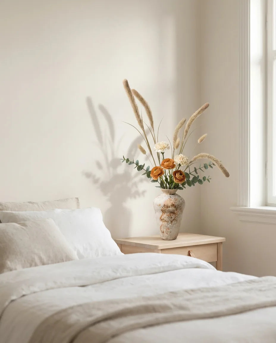 Bouquet artificiel beige sur une table de chevet en bois clair, avec un linge de lit en lin